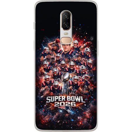 Kompatibelt Mobildeksel til OnePlus 6 Super Bowl 2026 plakat med New England Patriots og NFL-trofe i eksplosiv sportsdesign