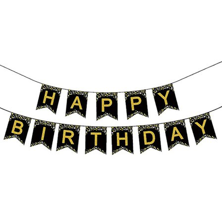 Grattis på födelsedagen Glitter Vimpel Banner Hängande Girlang Dekoration Födelsedagsfest Tillbehör Svart och Guld) (5m, som bilden visar)