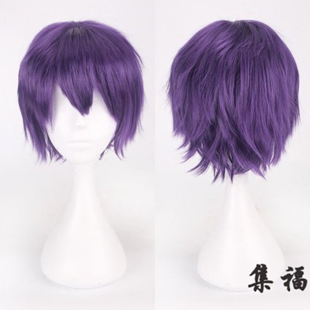 Cosplay kihara hiuslisäke täysi peruukki lyhyt violetti peruukki naiset/miehet peruukki