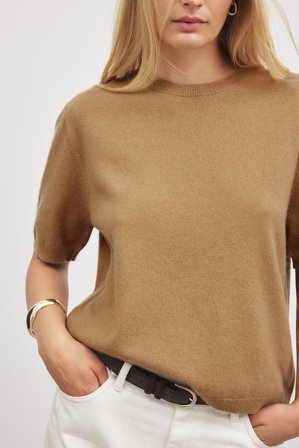 Premium Selection kurzärmeliges Strickoberteil aus Wolle - Premiumqualität - Beige - S