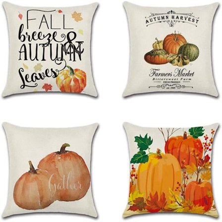 Thanksgiving Day pudebetræk, sæt med 4 efterårs bomuld og linned dekorative pudebetræk sofa bil hjem indretning pudebetræk 45x45 cm (græskar-B)