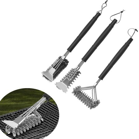Grillborste och skrapa BBQ-borste för grill, säker vävd tråd i rostfritt stål, 3 st borstar för grillrengöring