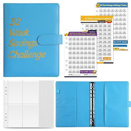 52 ugers pengespareudfordring mappe med kontantenvelopper til opsparing, A5 budget mappe opsparing udfordringer bog blå