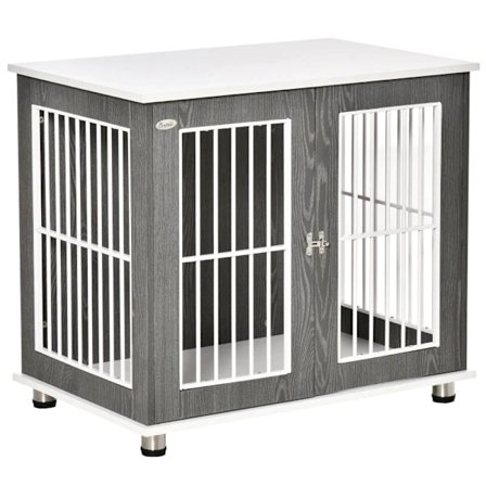 Rootz Transportkasse - Hundebur - Til mellemstore og små hunde - Låsbar - Træbaseret - Stål - Grå + Hvid - 85W x 55D x 75H cm