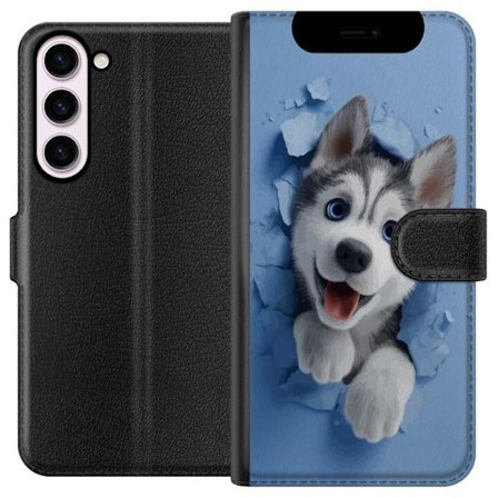 Kompatibelt Plånboksfodral till Samsung Samsung Galaxy S23+ Söt huskyvalp med stora blå ögon som tittar fram genom sönderbruten vägg i mjuk 3D-s