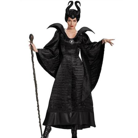 Halloween Maleficent Evil Queen Dress Naisten Cosplay-asu päähineiden kanssa H Black M