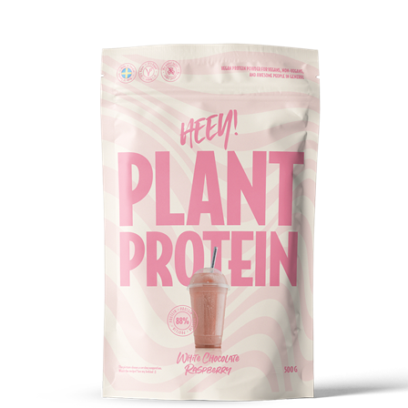 Heey! Vegansk Protein 500 g Hvit Sjokolade Bringebær