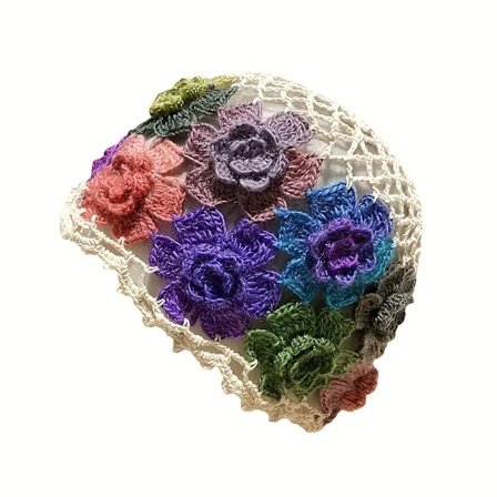 Håndlaget Boho Blomsterdekor Lue - Vintage Heklet Skull Cap for Kvinner - Klassisk Blomstrete Strikket Lue med Pustende Design