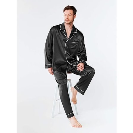 Pyjamasæt i silkesatin til mænd, dampet ærme PJ sæt med knapper og sovebukser med lommer