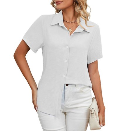 Vit S Dam Skjorta med Knappar Enfärgad Kortärmad Andningsbar Casual Skjorta för Arbete