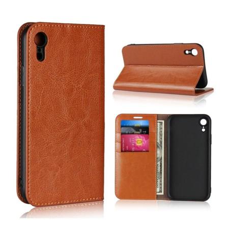 Crazy Horse iPhone Xr flip cover i ægte læder - Brun Brown