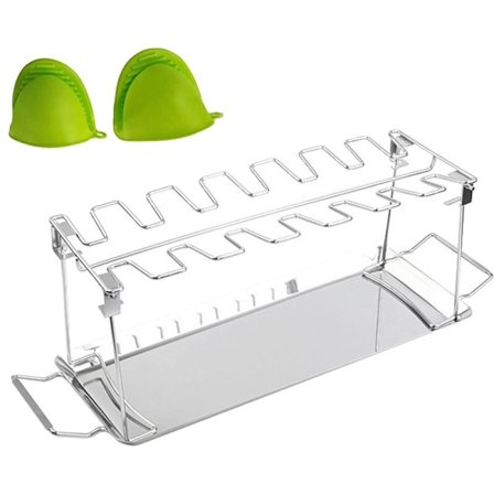 Kyllingegrillstativ i rustfrit stål med silikoneovnhandsker, hæng op til 14 kyllingelår eller vinger