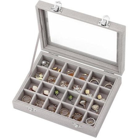 Smykkeskrin til øreringe 24 rum Fløjls smykke bakke til æsker Glas Klart låg Vitrineskab Display Opbevaring Ring bakker Øreringeholder Organizer taske