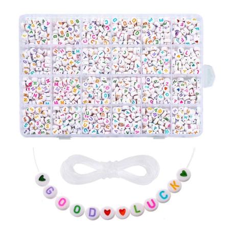 1850 stk DIY Perlesett, 7mm Runde Perler, DIY Smykkeperler til Armbånd og Halskjeder (Fargede Bokstaver)