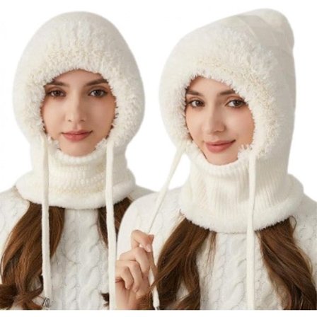 ING 3-i-1 Dame Lue, Skjerf og Ansiktsmaske - Ett stykke hvit lue, omkrets 55-58 cm