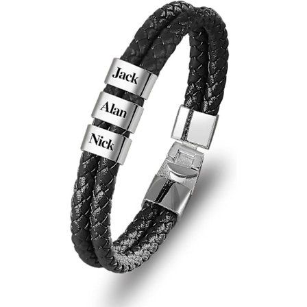 Personligt Läderarmband för Män Silver Svart Namn Pärlor Charm Armband
