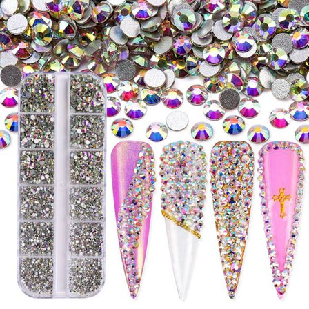 3600 st Nail Art för Rhinestone AB Rhinestones Beads Nail Gems Rundformade Flatback Gems Stones Dubbar 6 storlekar med låda