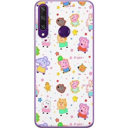 Kompatibel Mobilcover til Huawei Y6p Farverige tegneserie dyrekarakterer i en legende stil med stjerner og prikker på en lys baggrund