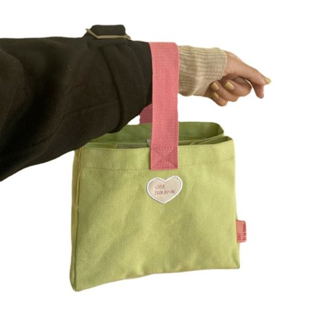 Bento Veske Hjerte Bokstav Broderi Mønster Innerlomme Oppbevaring Knapp Canvas Materiale Bærbar Matboks Veske Grønn