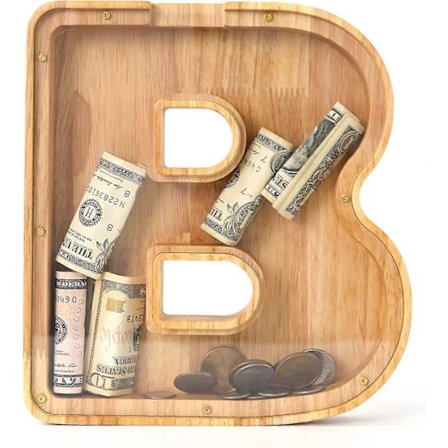 Sparegris med bogstav til voksne drenge piger børn, træ 23 cm stor personlig sparebøsse til sedler og mønter, tilpasset navn DIY kreativ gave til R