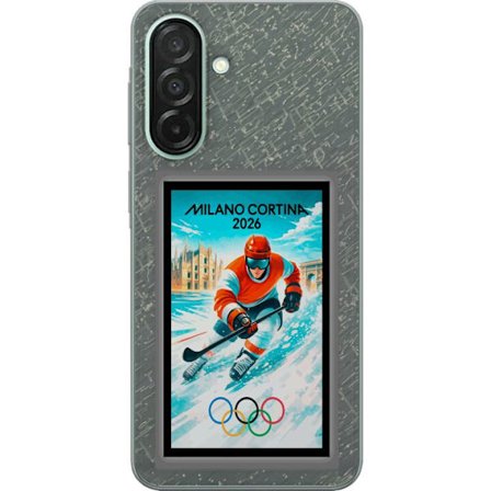 Yhteensopiva Puhelinkuori Samsung Galaxy A26 Curlingkuvitus pelaajilla ja kivillä jäällä, Milano Cortina 2026, lumisia roiskeita ja olympiasormukset