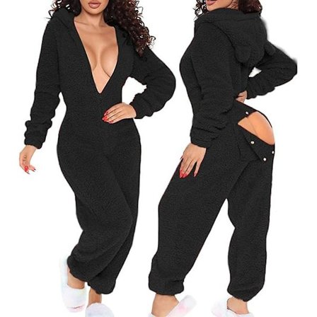 Kvindes Sexy Dyb V-udskæring Bodycon Jumpsuit Pyjamas Langærmet Romper Nattøj Sort
