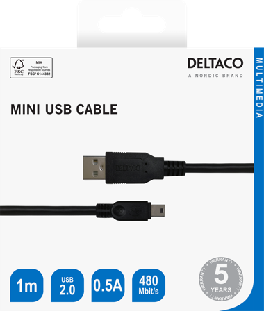 Deltaco USB 2.0 mini B cable, suitable for DSLR cameras, 1m black