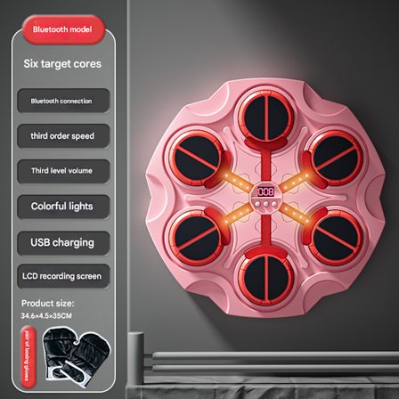 3-trins elektronisk boksemaskine med musik, bærbar vægmonteret Bluetooth genopladelig musik elektronisk bokser (boksemaskine og boksehandsker)