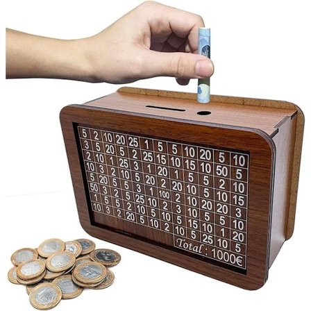 Træpengekasse med tæller, genanvendelig pengekasse med sparemål og tal at krydse af (1000 €), hjælper børn med at få en sparevane