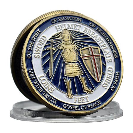 Jumalan panssari -muistokolikko ritarikuvioinnilla, uskon ja vanhurskauden haastekolikko, jossa on miekka-, kilpi- ja pelastuspanssarireliefi, 