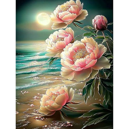 Pæon Diamant Kunst Blomster, Moonlight Beach Diamant Maleri Kit, Diamant Kunst Landskab Lærred til Begyndere, Fuld Drill Diamant Malerier Hjem 