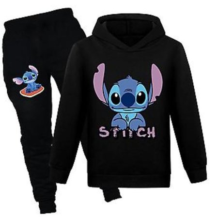 Stitch-trykket treningsdress for barn, gutter, jenter, unisex, hettegenser, hettegenser, joggebukse, casual sett, sportsdress (11-12 år, svart)