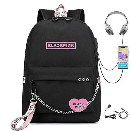 Blackpink Ryggsekk Usb Oppladbar Ryggsekk Student Skoleveske(Svart)
