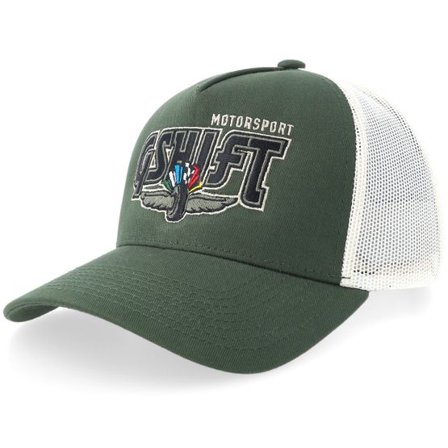 Gearshift - Vit trucker Keps - Gshift Motorsport Logo Dark Green/Stone A-frame Trucker @ Hatstore