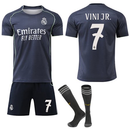 2025-2026 Real Madrid Ny Sæson Udebanesæt Børn Voksen Fodboldtrøje Sæt med Strømper No.7 VINI JR【CO】