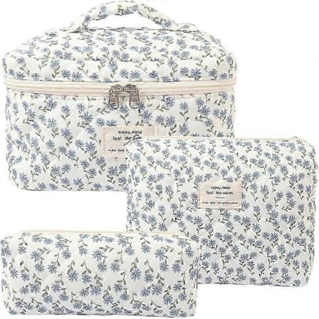 3 stk. Makeup Taske Bomuld Vatteret Rejse Kosmetiktaske Sød Blomstret Makeup Pung Stor Toilet Taske til Kvinder Piger (Sløjfe-Pink)