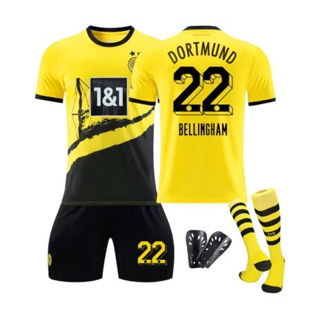 23/24 Dortmund Hjemme Barnas Fotballdraktsett med Sokker og Beskyttere 22 BELLINGHAM XS