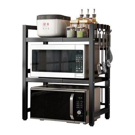 Köks Hylla, 40-64cm Utdragbar Mikrovågsugnshylla, 2 Nivåer 10cm Höjdjusterbart Mikrovågsställ med 6 Krokar, Köksförvaringshylla Svart