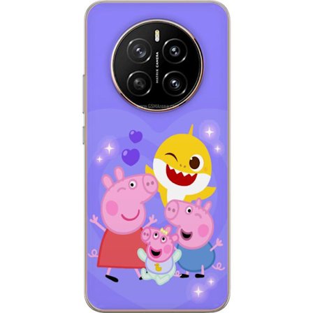 Kompatibel Mobilcover til Honor Magic7 Peppa Gris mønster med hjerter, sommerfugle og venner, lyserød baggrund i bløde børneillustrationer