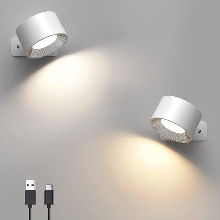 Mexllex 2 stk Led vegglampe innendørs, oppladbar 360 roterbar berøringskontroll LED vegglamper, 3 lysstyrkenivåer 3 fargemoduser, trådløs veggmontert,