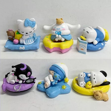 Sanrio Sova 6st Figurleksaker Kuromi Cinnamoroll Pochacco Modell Dockor Presenter
