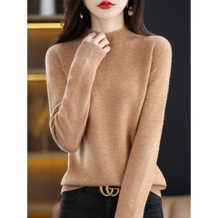 Dam flickor Stickad tröja Ulltröja med vanligt kärna garn halv turtleneck Golden camel XXL