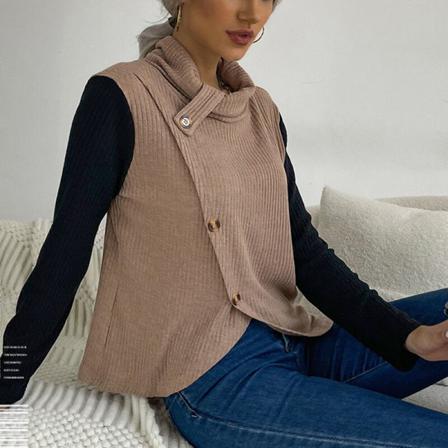 Dam Turtleneck Button Tunika Blus Color Block Stickad T-shirt