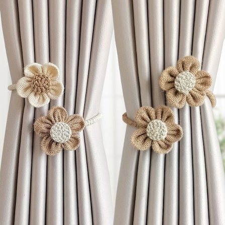 Sæt med 2 håndlavede gardinholdere i reb til kontor, boligindretning, blomster