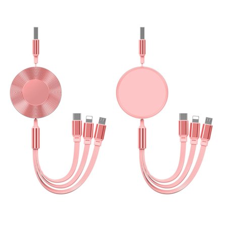 4-in-1 100W Sisäänvedettävä Latauskaapeli Lightning/Micro/Type-C Liitännällä Apple- ja Android-puhelimille (2 kpl) Pinkki