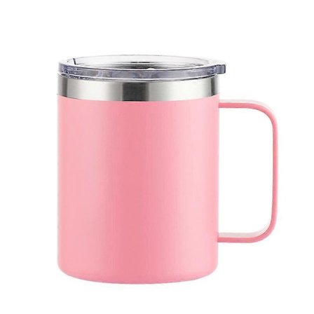 Kaffekrus med hank, 35 cl isoleret kafferejsekrus i rustfrit stål, genanvendeligt kaffekrus med låg (pink)