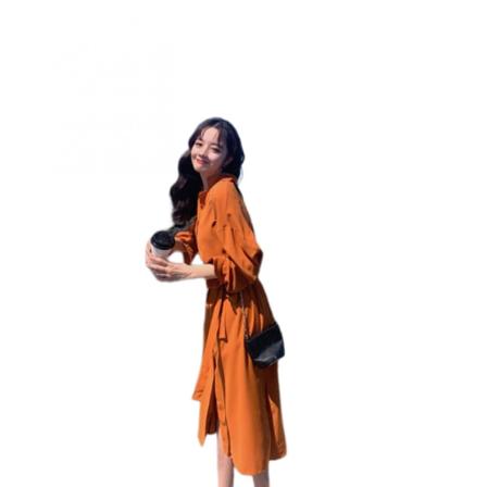 Efterår Ny Fashion Show Tynd Fløjl Kjole Splidsning(Orange L)