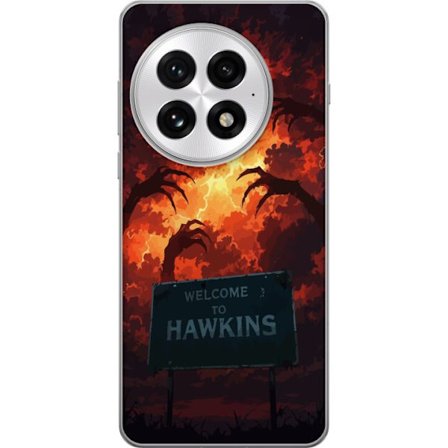 Kompatibel Mobilcover til OnePlus 13 Mørk apokalyptisk fantasy scene med brændende himmel og Hawkins-skilt i Stranger Things-stil