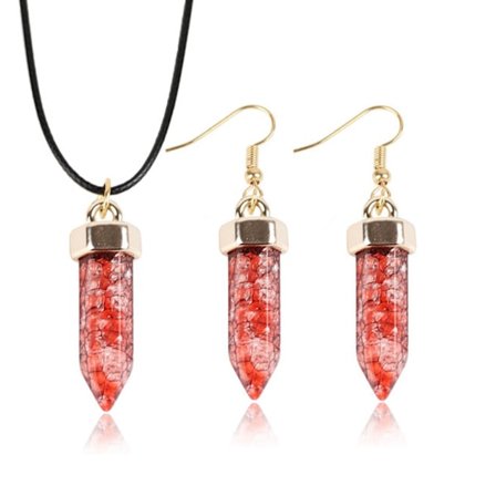 Stenhalskæde med PU-læder & messing + øreringe