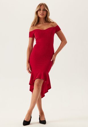 John Zack-Glitter Off Shoulder Frill High Low Dress-L (UK14)